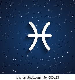 Pisces Zodiac Symbol, White Zodiac Icon On The Background Of Dark Blue Starry Sky