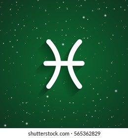 Pisces  zodiac symbol, white zodiac icon on the background of green starry sky