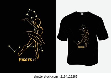 Pisces, Zodiac t-shirt design, Ready to print for apparel, poster, and illustration. Modern, simple, lettering.
