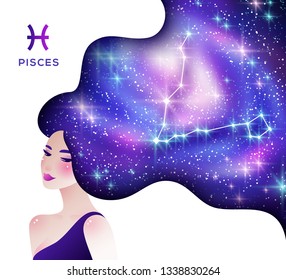 Pisces zodiac vector illustration. Horoscope symbol as young woman character. Gradient space and stardust in hair. Connected stars and constellation. Astrological sign with latin name