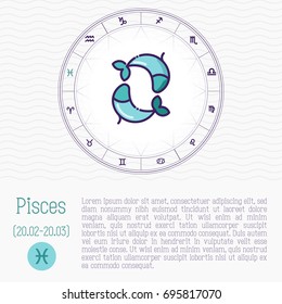 Pisces in zodiac wheel, horoscope chart with place for text. Thin line vector illustration.