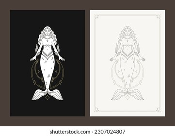 Pisces zodiac woman goddess antique mermaid celestial character line art deco poster design set vector illustration. Horoscope female astrological lunar calendar fish tail esoteric future prediction