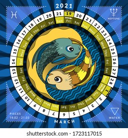 Pisces zodiacal circle caledar 2021. Vector astrological illustration