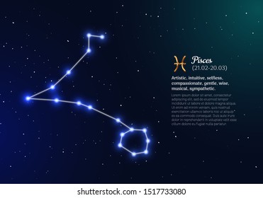 Pisces zodiacal constellation with bright stars. Pisces star sign and dates of birth on deep space background. Astrology horoscope with unique positive personality traits vector illustration.
