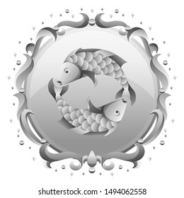 Pisceszodiac sign with silver frame. Horoscope symbol. Stylized astrological illustration.