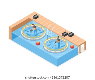 Pisciculture isometric composition with staff selecting fish in ponds for realization vector illustration