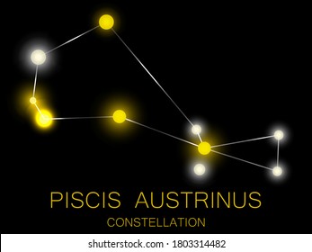Piscis Austrinus constellation. Bright yellow stars in the night sky. A cluster of stars in deep space, the universe. Vector illustration
