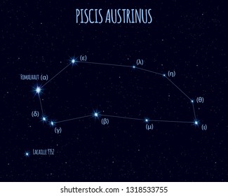 Piscis Austrinus (The Southern Fish) constellation, vector illustration with the names of basic stars against the starry sky 