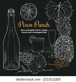 Pisco Punch alcool ingredients on dark background with hand drawn grapes, pineapple, lemon, lemon slice, grape leaves, champagne bottle. easy to edit white outline illustration on a black background.