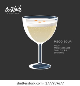 Pisco Sour cocktail recipe. Alcohol drink glass on black backgound vector illustration