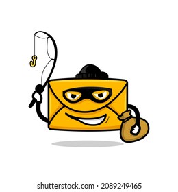 Pishing Email Concept. Isolated Bad Guy Mail Cartoon Face Holding Fishing Rod Vector Illustration