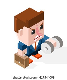 Pissed Off Cartoon Boy Doing Sport on White Background. Business Concept. Isolated Vector Elements.