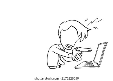 Enojamos que el trabajador se enojara y señalara el arma al portátil. Concepto de abrumado con el trabajo. Diseño de ilustración vectorial de dibujos animados