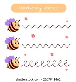 Pissing practice for preschool children with bee: zigzag, wave, loop. Vector illustration