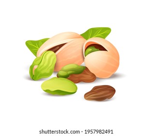 Pistache nut composition, different statements. Whole and cracked nuts, hulled and raw kernels and green leaves. Good for labels and stickers, packaging design. Vector illustration isolated on white