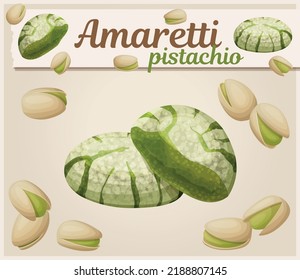 Icono del vector de pastelería Pistachio amaretti, ilustración de galletas de galletas italianas, postre dulce bocadillo cocido verde con diseño de nueces