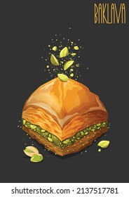 Pistachio baklava. Traditional Middle Eastern Flavors. Vector illustration