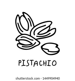 Pistachio black and white vector illustration. Hand drawn nut and lettering.
