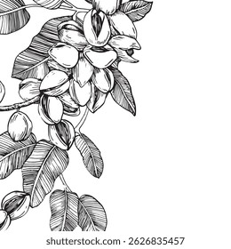 Pistachio branch border with nuts and leaves. Vector black and white illustration hand drawn with ink. Ripe fruits on a branch. Template for label design.