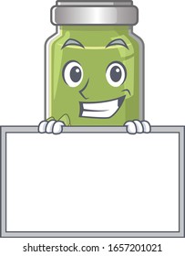 Pistachio butter cartoon design concept grinning with board