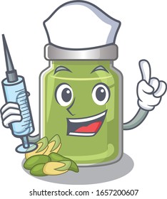 A pistachio butter hospitable Nurse character with a syringe