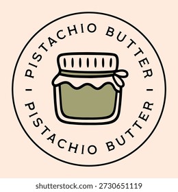 Pistachio Butter Paste Creme Verpackung Design Rundetikett Rundetikett Logo-Aufkleber-Tag mit Kreisrahmen. Organische Nuss Geschmack Glas Retro Vintage Cottagecore ästhetisch minimale Text Druck Illustration.