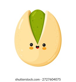 Pistachio character with an open shell displaying its green nut, featuring a kawaii face with black eyes, a pink mouth, and orange blush on a white background