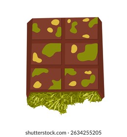 Pistachio chocolate bar cracked with creamy filling. Dubai-inspired cartoon vector hand drawn sweets. For menu items, sticker sets, packaging design, product mockups, food branding