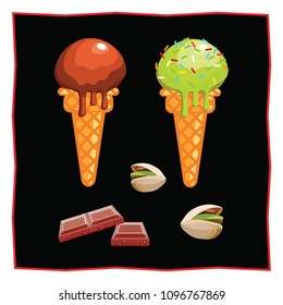 Pistachio and chocolate ice cream. Dessert on a black background for the menu of the restaurant and cafe. Chocolate tiles and pistachios. Isolated Vector Illustration.

