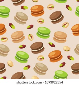 Pistachio and chocolate macarons pattern. Food illustration pattern design. Cookies, French pastry, confectionary illustration.