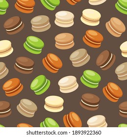 Pistachio and chocolate macarons pattern. Food illustration pattern design. Cookies, French pastry, confectionary illustration.