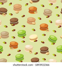 Pistachio and chocolate macarons pattern. Food illustration pattern design. Cookies, french pastry. French pastry, confectionary illustration.