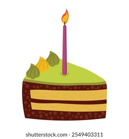 Pistachio chocolate piece of cake with cream and candle. 