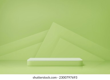 Pistachio color cosmetics podium realistic 3d vector mockup. Green platform or pedestal for product presentation in studio. Background with rectangular stand for displaying cosmetics. Showcase mock up