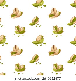 Pistachio compositions vector cartoon hand drawn seamless pattern. Nuts in shell and crushed food illustration for packaging, wrapping, textile design, kitchen decor, product visuals, menu