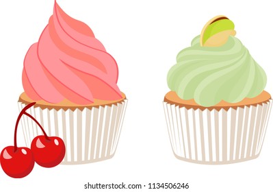 Pistachio cupcake and cherry cupcake. Vector cartoon illustration on white background