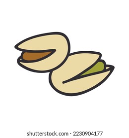 Pistachio fruit in shell in cartoon illustration style. Healthy organic snack. Stylized image of pistachios for design of labels, packaging, stickers.