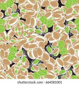 Pistachio hand draw seamless background. Pistachio nuts pattern on black chalk board.