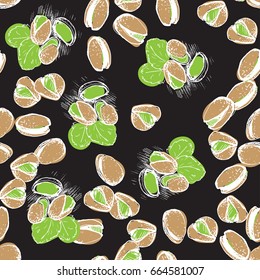 Pistachio hand draw seamless background. Pistachio nuts pattern on black chalk board.