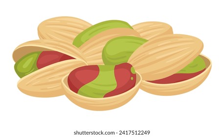 Pistachio handful. Delicious pistachio nuts in shell, organic vegetarian snack flat vector illustration. Raw pistachio on white background