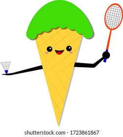 Pistachio ice cream cartoon character holding a badminton racket and shuttlecock concept for outdoor activities and sports appetizing dessert in a waffle cone