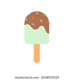 Pistachio ice cream with chocolate icing on a stick.