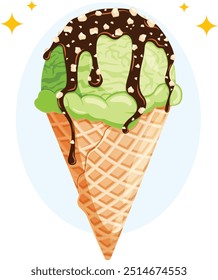 Cone de sorvete de pistácio com molho de chocolate e amendoim esmagado no topo - Ilustração detalhada 