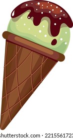 Pistachio ice cream with dripping chocolate in waffle cone