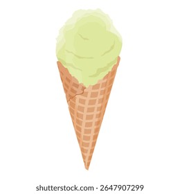Colher de sorvete de pistácio com um cone de waffle crocante isolado sobre fundo branco. Sorvete delicioso. Ícone de sobremesa de verão saboroso para menu, embalagem ou design de alimentos. Ilustração vetorial