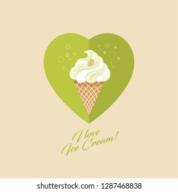 Pistachio ice cream in waffle cone. Ice cream and pistachio on heart background with decor. Ice creams illustrations.