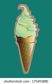 pistachio ice cream in a waffle cup