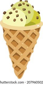Pistachio ice cream in a waffle cup. The illustration is made in a cartoon style.
