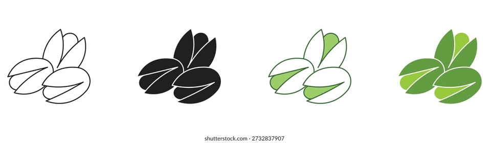 Pistachio icon set. Isolated flat pistachio nut in nutshell and peeled with leaves sketch icons. Natural organic healthy food collection. Vector Illustration. 