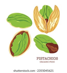 Pistachio illustration with pistachio shells and pieces in cartoon style for banner templates, packages, and farmers market design symbols with text isolated on a white background.